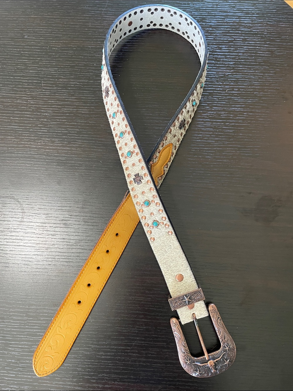 Studded Turquoise Accent Cowhide Belt
